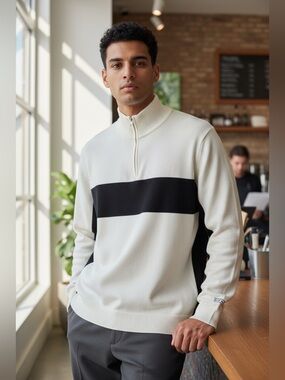 Scotch and Soda White and Black Half-Zip Pullover
